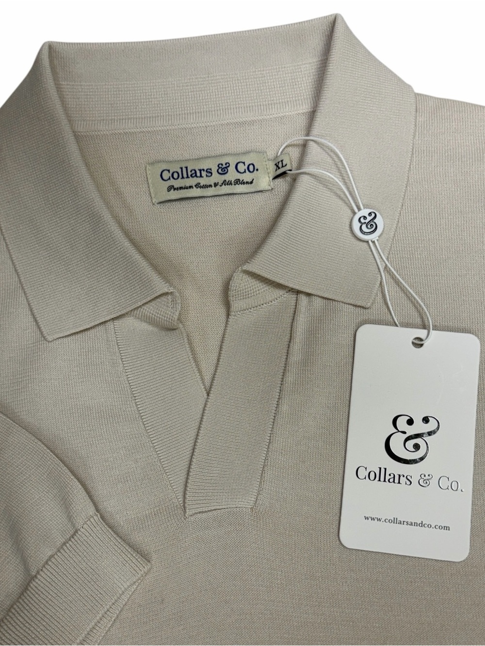 Collars & Co Polo Shirt Mens XL Tan Silk Cotton Maranello Buttonless Johnny NWT